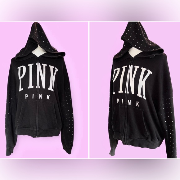 PINK Victoria's Secret Tops - Victoria's Secret PINK Black Bling Rhinestone Zip up Hoodie ~ Size M